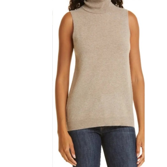 NORDSTROM SIGNATURE Sleeveless Cashmere Turtleneck Sweater. Size XXL, tan. - Picture 1 of 8